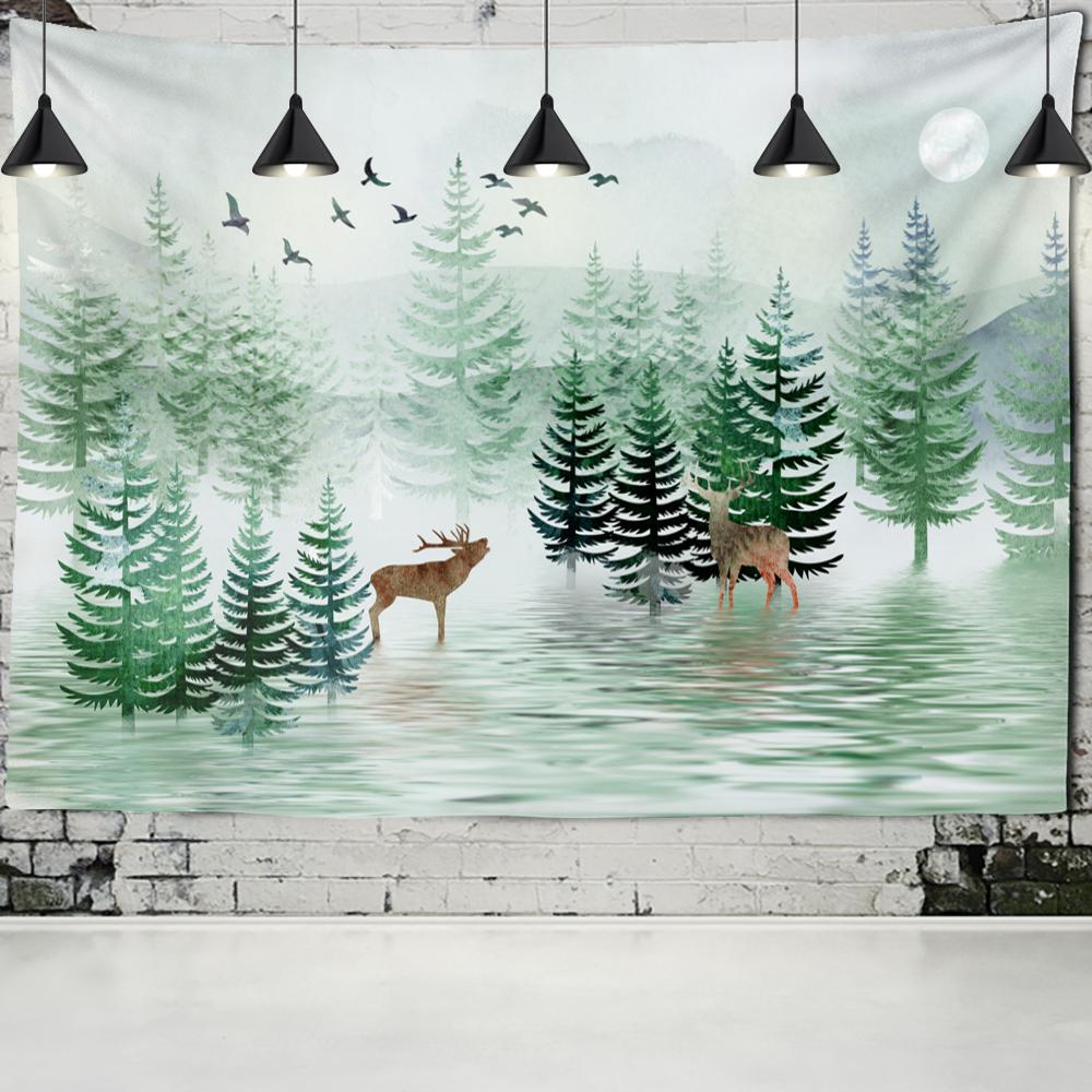 Красочный мультяшный гобелен с изображением лося и леса, настенный психоделический колдовство, хиппи, природный пейзаж, домашний декор, фоновая ткань