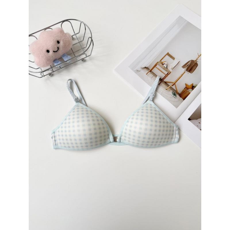 Japanese girls plaid contrasting color front buckle underwear women's no steel ring small breasts gather and show big upper support sub-breasts bra