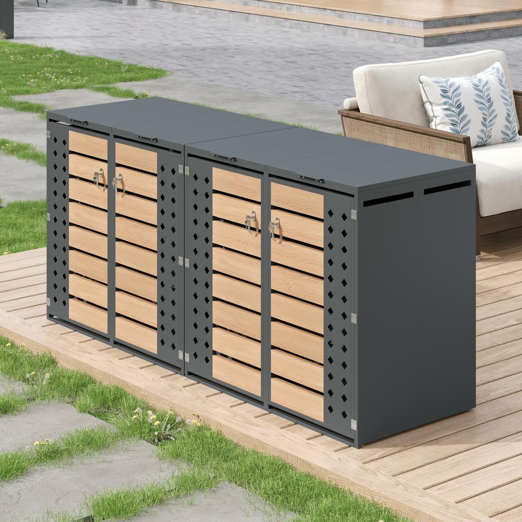 Trash Can Box, with Hinged Lid, trash storage compartments, Lockable, Four Doors, Diamond-Shaped Hollow Door Panel
