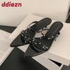 Fashion Fashion Metal Rivet Women Low Heel Slides Slippers Female Sandals Shoes Pointed Toe Footwear Ladies Heeled Slippers Shoes Pumps