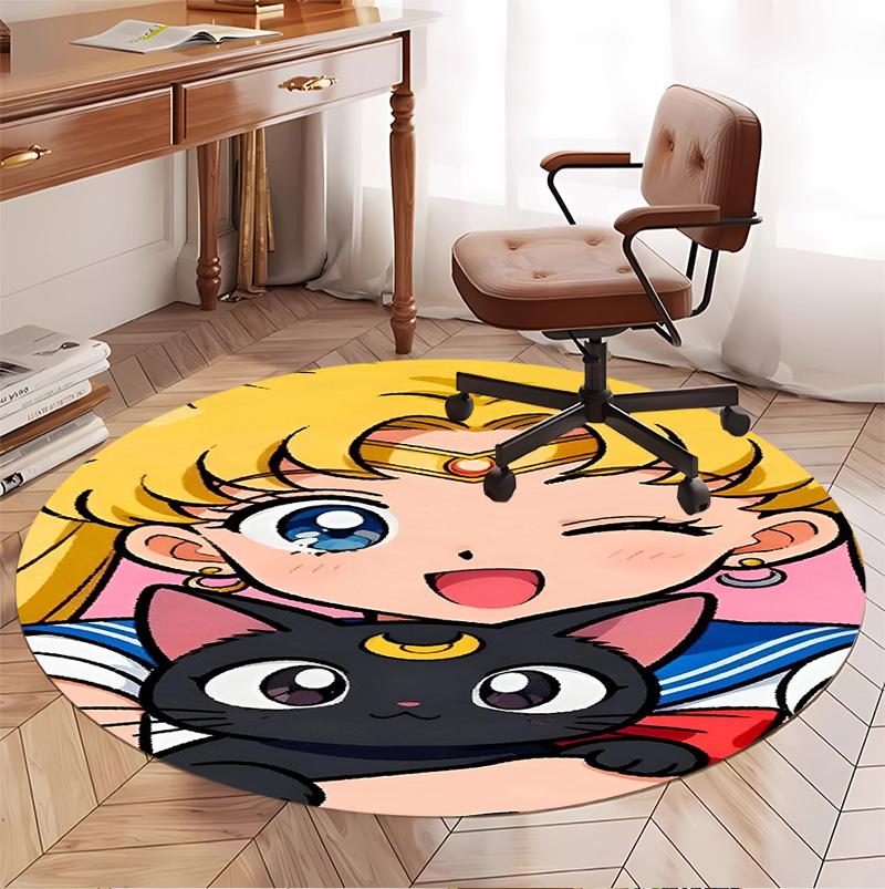 Sailor Moon Pattern Round Rug, Indoor/Outdoor Mat, for Picnic, Gameroom, Bedroom, Office, Living Room, Home Decor Carpet, Birthday Gift