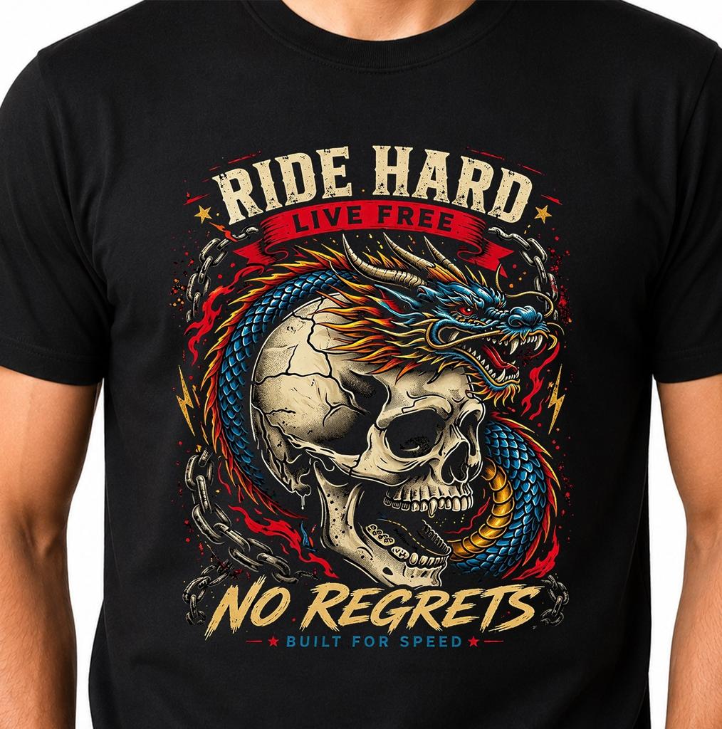 Skull Dragon T-Shirt Ride Hard Live Free No Regrets Biker Japanese Graphic Tee.