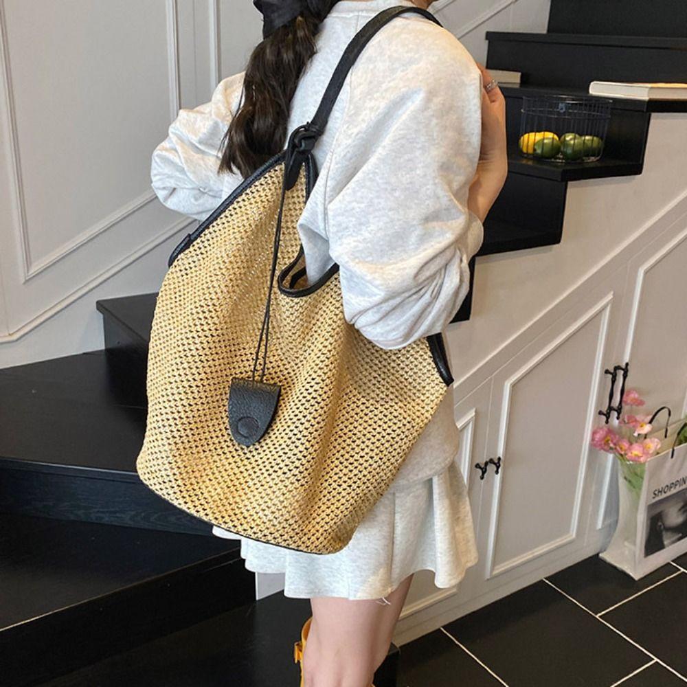 Parent Shoulder Bag Straw Woven Bag Tote Bagwith Sunglasses Clip Hollow Shoulder Bag Holiday