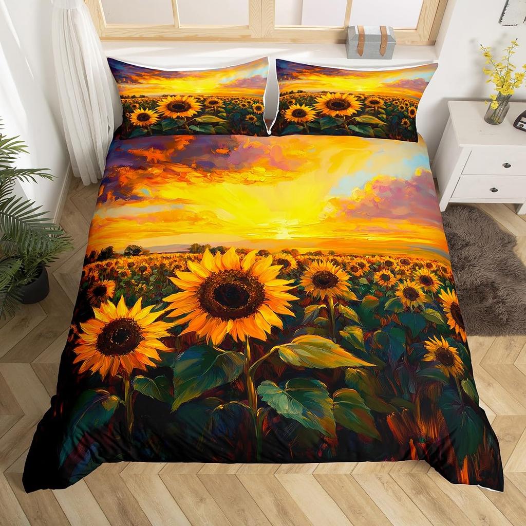 Comforter Yellow Sunflower Queen Blossom Flowers Bedding Set Butterfly Floral Print Comforter Nature Theme Bedroom Decor