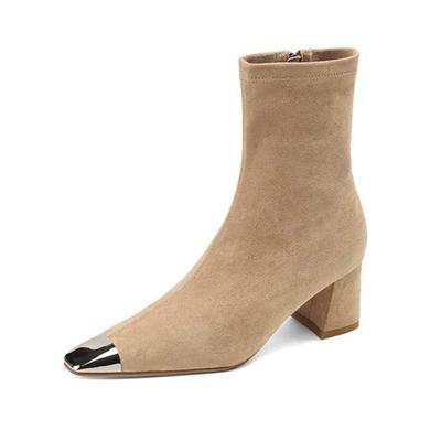 Модные зимние сапоги с квадратным носком и толстым каблуком, женские элегантные эластичные ботильоны с заплатками