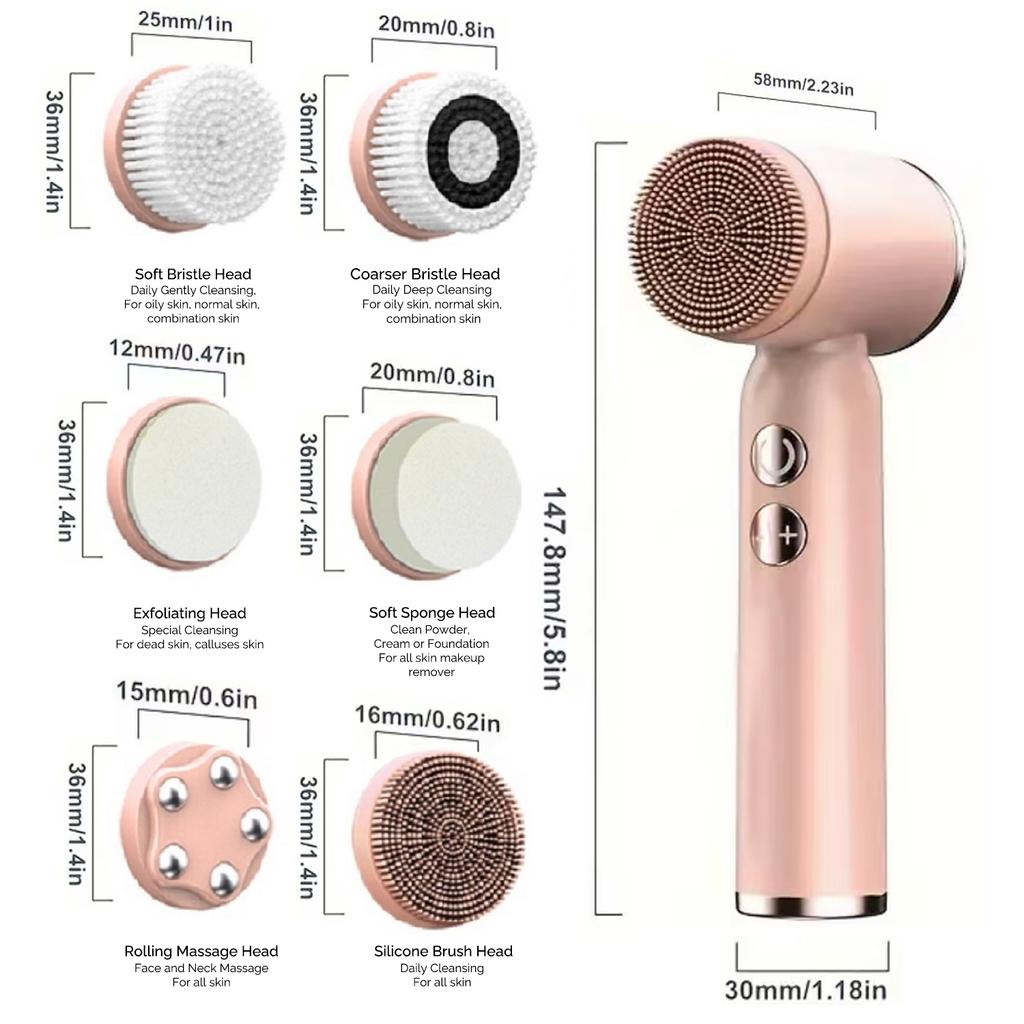 6 In 1 Electric Face Scrubber Facial Spin Rechargable Face Scrubber, Oily Dry Sensitive Skin Women & Men for Deep Cleansing