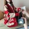 Women Bear Jacquard Red Cardigan Korean Elegant Female V-neck Knitted Coat Autumn Loose Fashionlady Single Breasted Sweaters