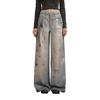American Style Chain Print Distressed Wide-Leg Denim Jeans