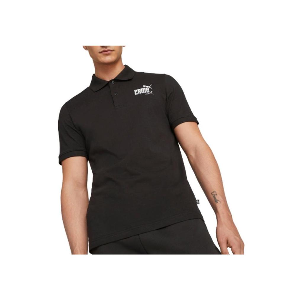 Puma Logo Print Short Sleeve Polo Shirt Men Tops Black 677139-01