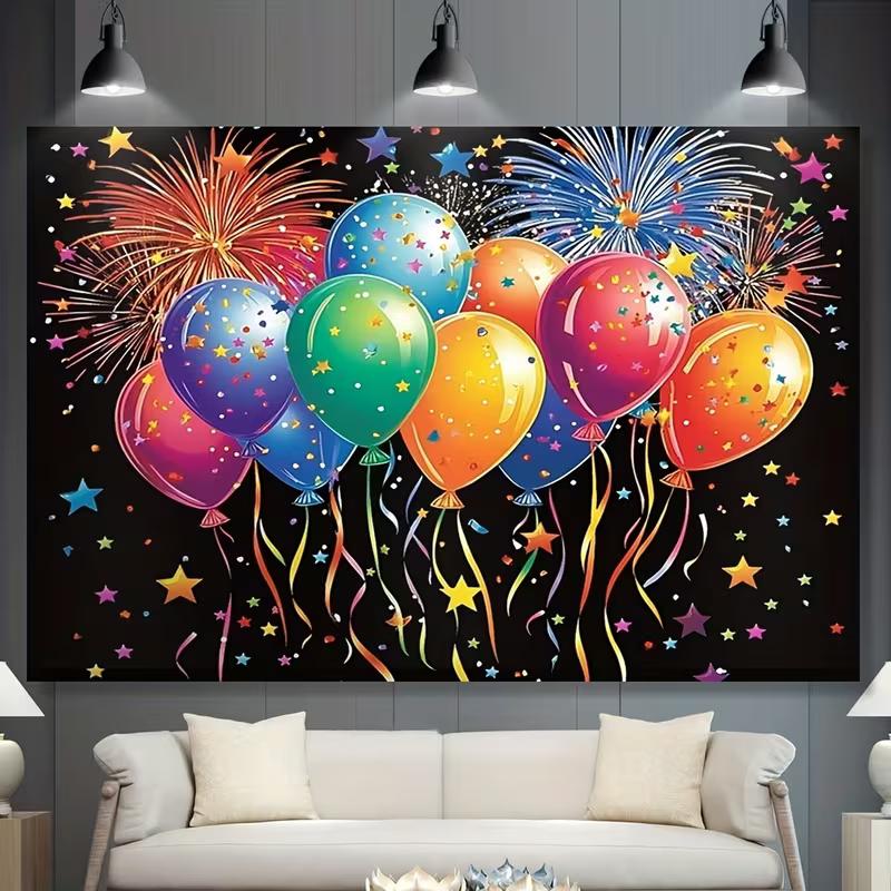 2D Black Background Colorful Balloon Fireworks New Year Party Decor Banner