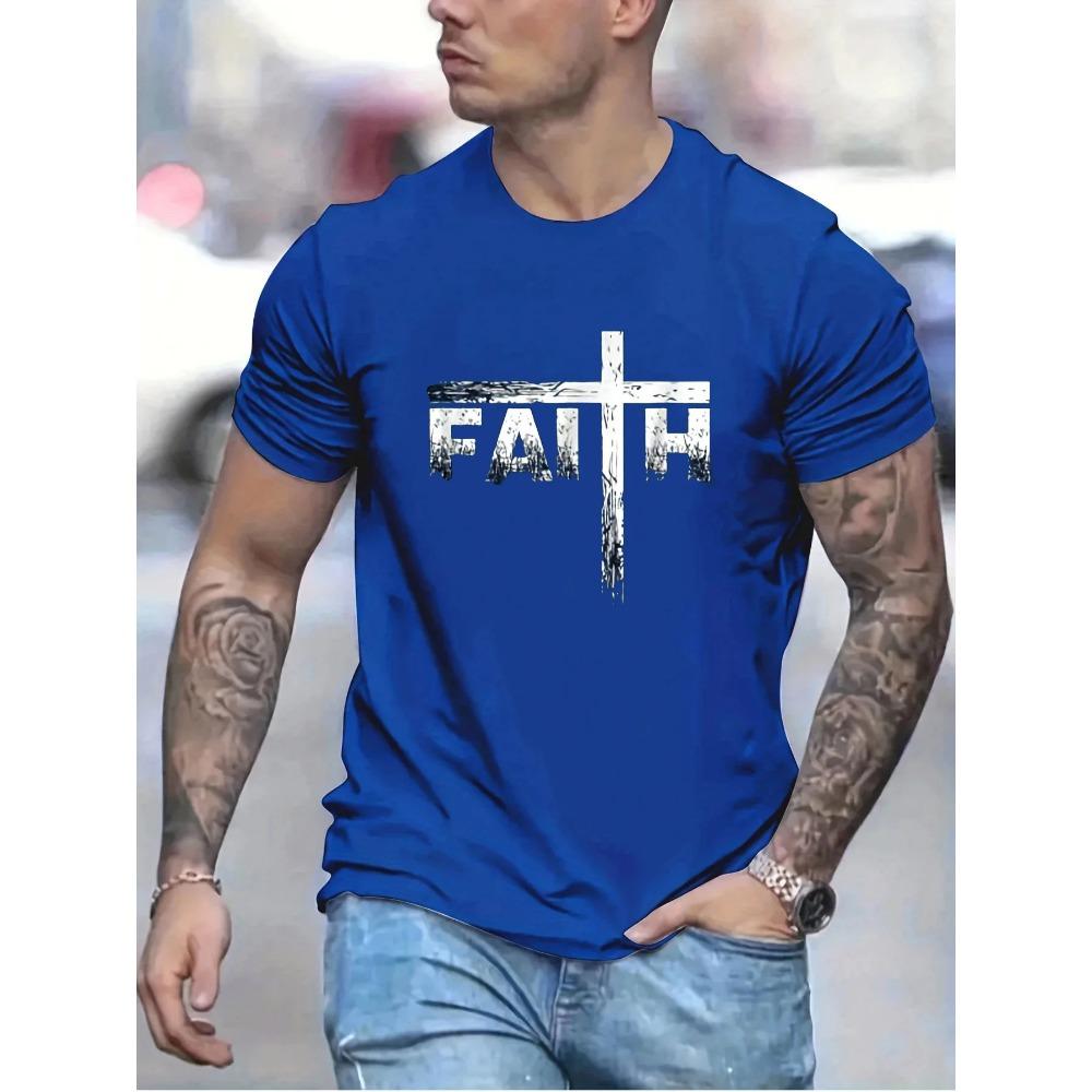 Men's Summer 100% Cotton Faith Print Loose Large Casual Round Neck Short Sleeve T-shirt