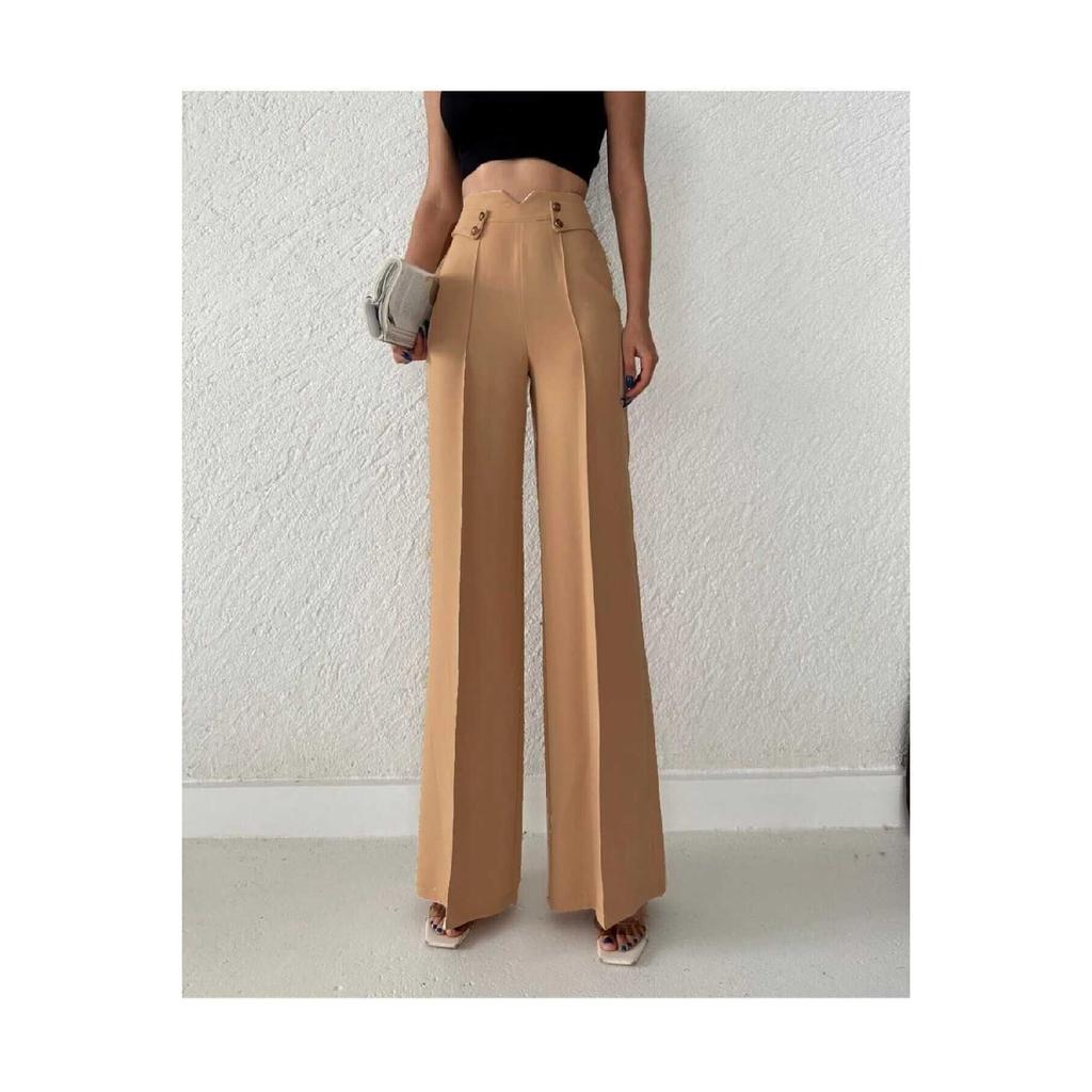 Women's High Waist Palazzo Buttoned Detail Slim Fit Pants