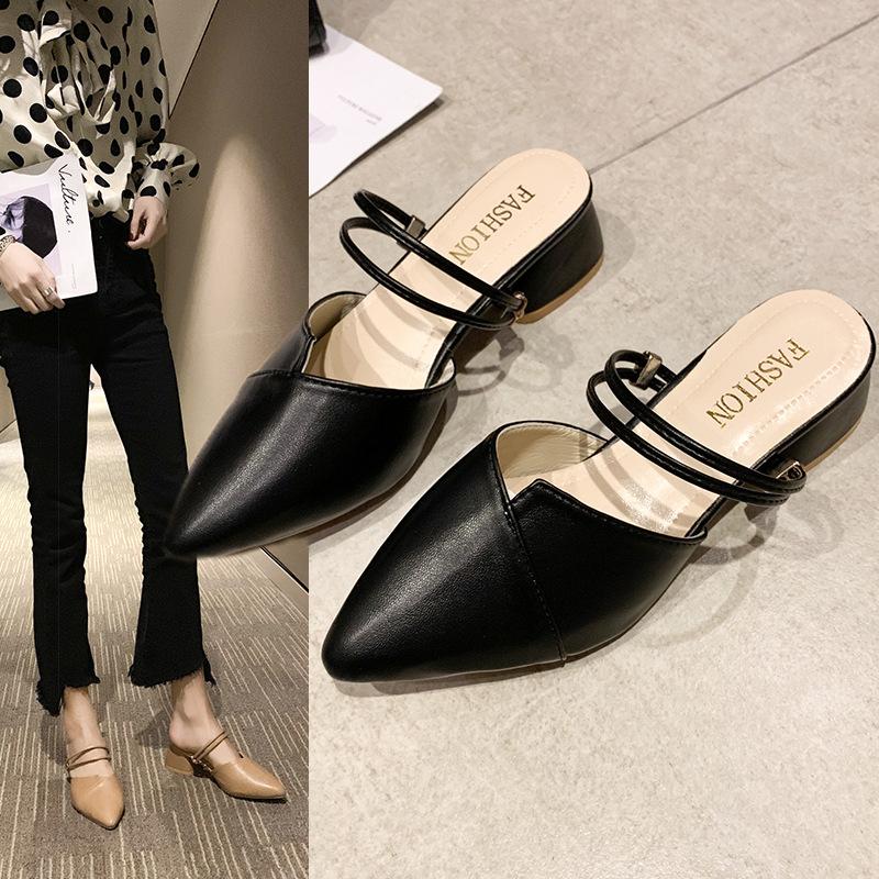 Baotou Sandals Women's Summer Outer Wear Women's Skirt Temperament Thick Heel Pointed Half Slippers Single Shoes High Heels