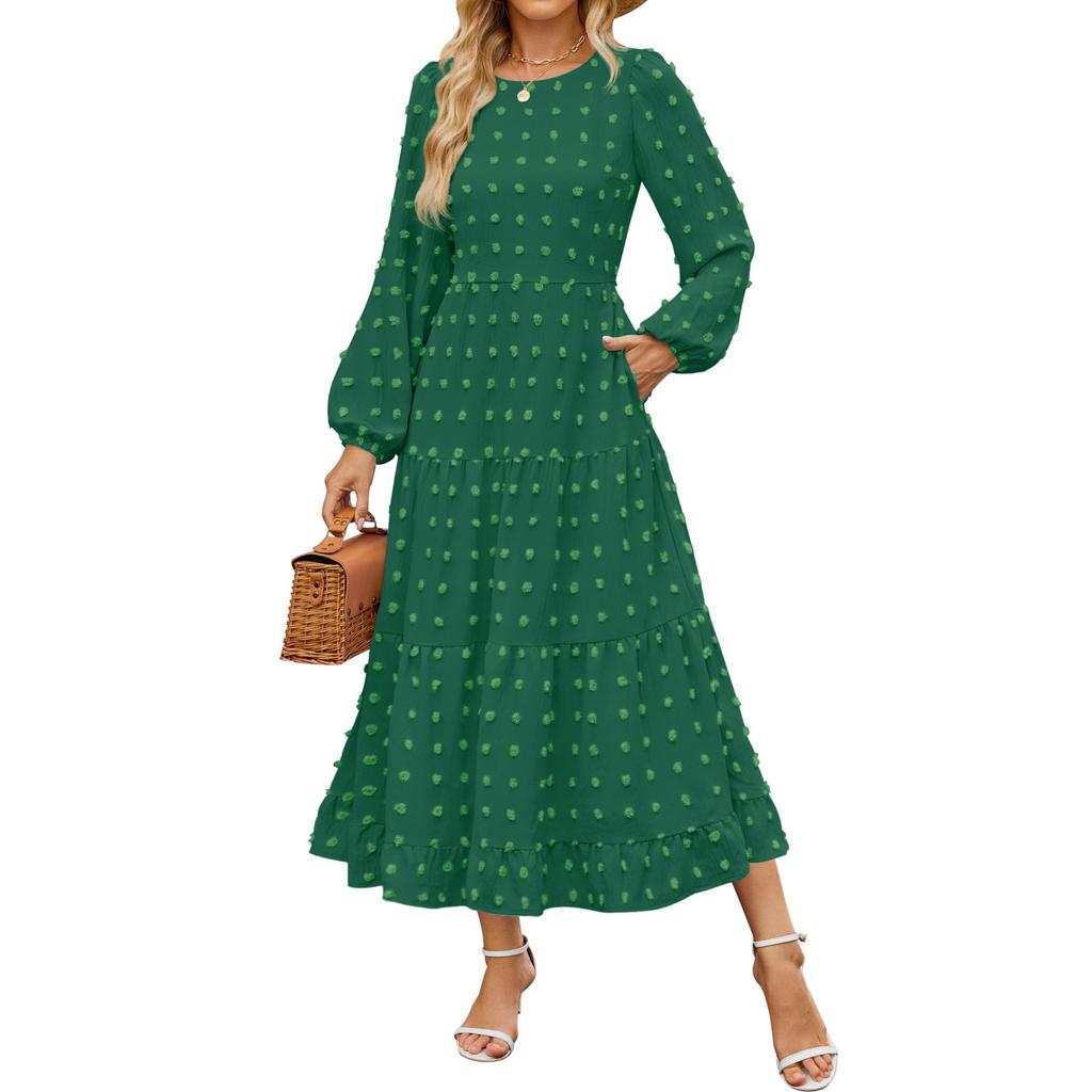 Women's Casual Round Neck Polka Dot Tiered Long Sleeve Ruffle Pocket Dresses