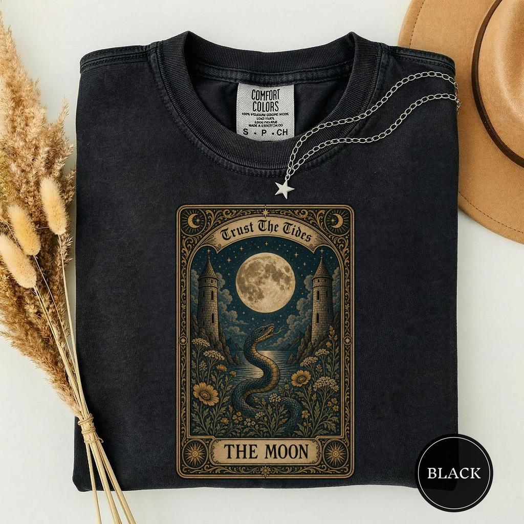 The Moon Trust The Tides Tshirt, Moon Tarot Tee, Original Tarot Art, Mystic Witch Gift, Serpent Tarot, Occult Card Tee, Witchy Shirt