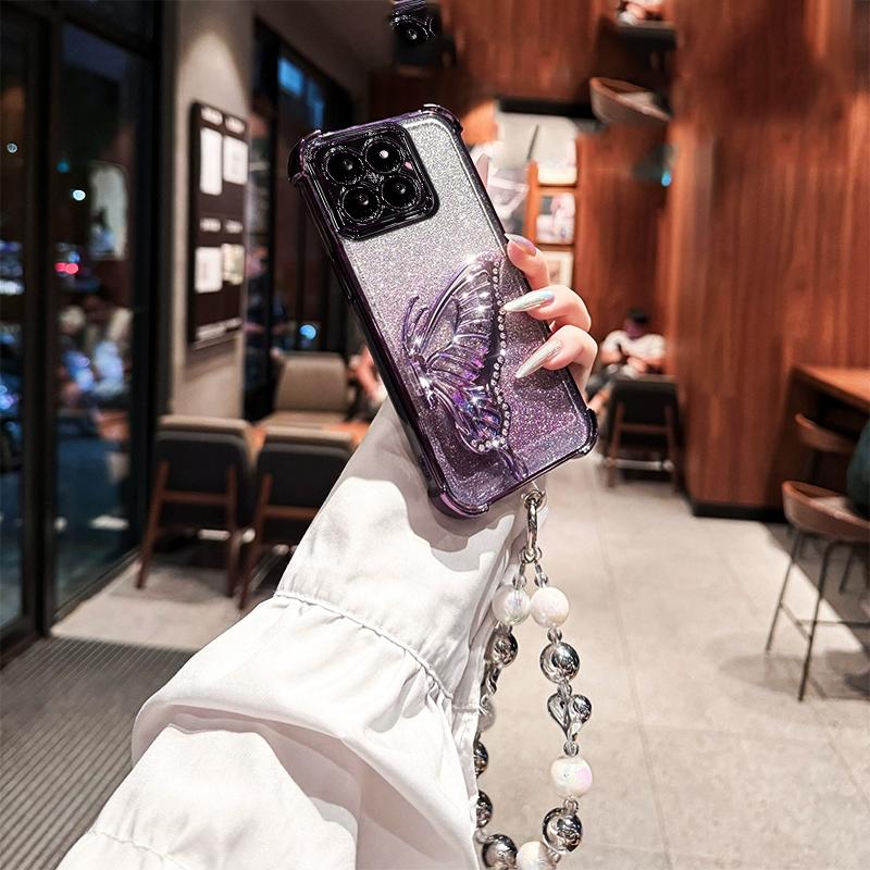 Противоударный чехол-браслет с блестящей бабочкой и подставкой для Xiaomi Redmi 15 15C 14C 13X 13C POCO C85 C75 X7 F7 Note 14 Pro Мягкий чехол