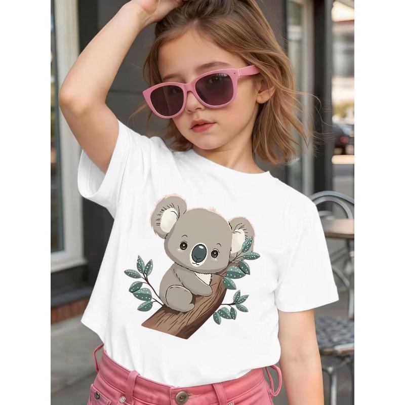 Girls Crewneck Short Sleeve Tee, Cute Koala Hug Tree Print