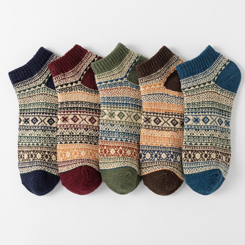 5/10 Pairs Retro Ethnic Style Men's Socks Autumn Winter Thickened Warm Short Length Men's Wool Socks Low Top Boat Socks Comfortable