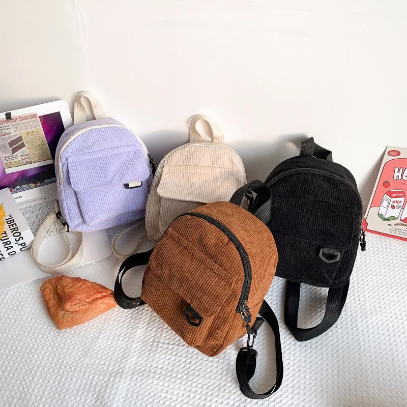 Fashion Women Mini Backpack Solid Color Corduroy Small Backpacks Simple Casual Student Bookbags Traveling Backpacks