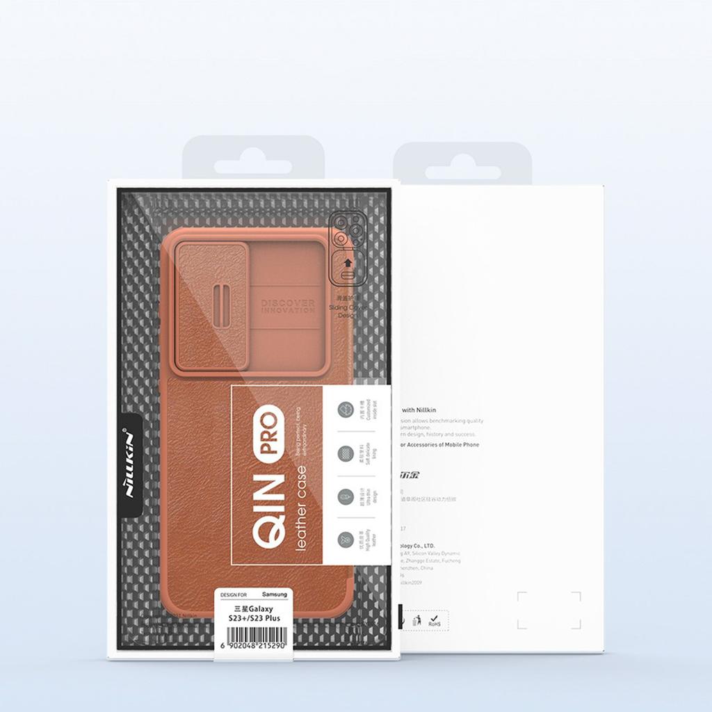Откидной чехол Nillkin Qin Leather Pro для Samsung Galaxy S23+ с защитой камеры, коричневый