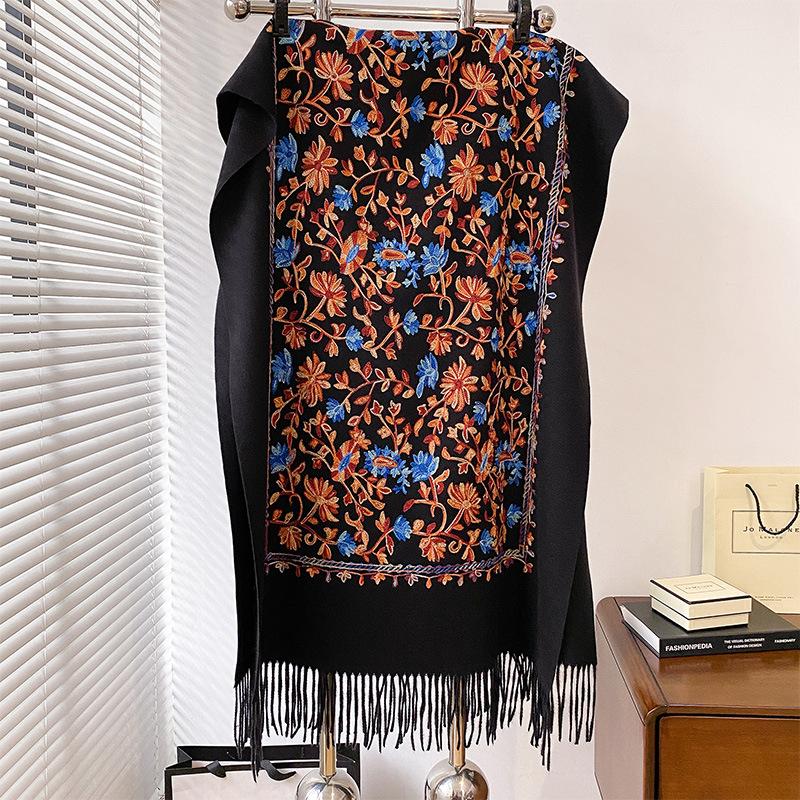 Ботанические цветы, винтажная вышивка индивидуальности, кисточки, этническая вышивка, женский теплый шарф