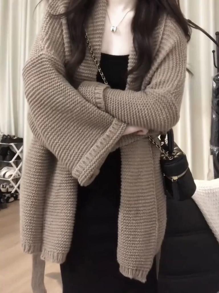 French Style Loose-Fit Medium-Length Knitted Cardigan Women's Soft Supple Sweater Jacket Sensible Design For Autumn Winter