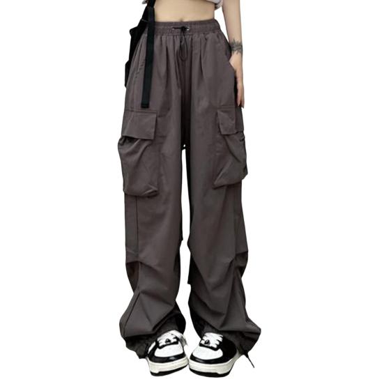 Women Cargo Pants Hip Hop Baggy Solid Color Multi Pockets Elastic Waist Match Top Loose Breathable Lady Trousers