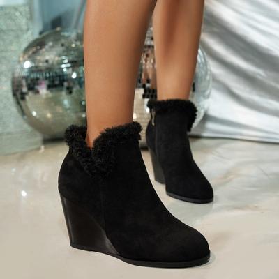 Женские меховые ботильоны на высоком каблуке, зимние замшевые теплые плюшевые туфли на танкетке, тренд 2025 года, новые офисные туфли, туфли-лодочки для вечеринок, Botas Mujer