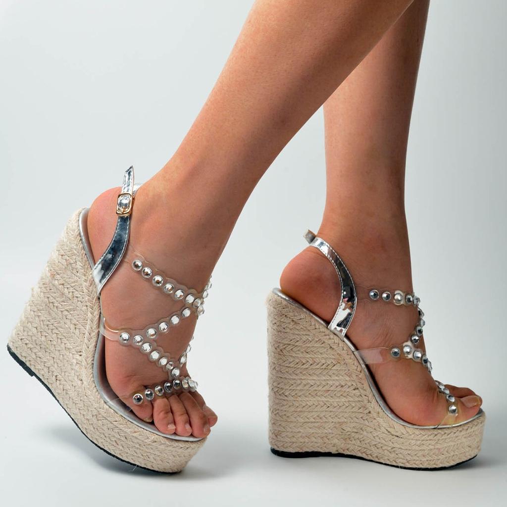 Женская обувь, тканые повседневные элегантные соломенные босоножки на танкетке со стразами, серия 10363, каблук 15 см, платформа 5 см, LFD