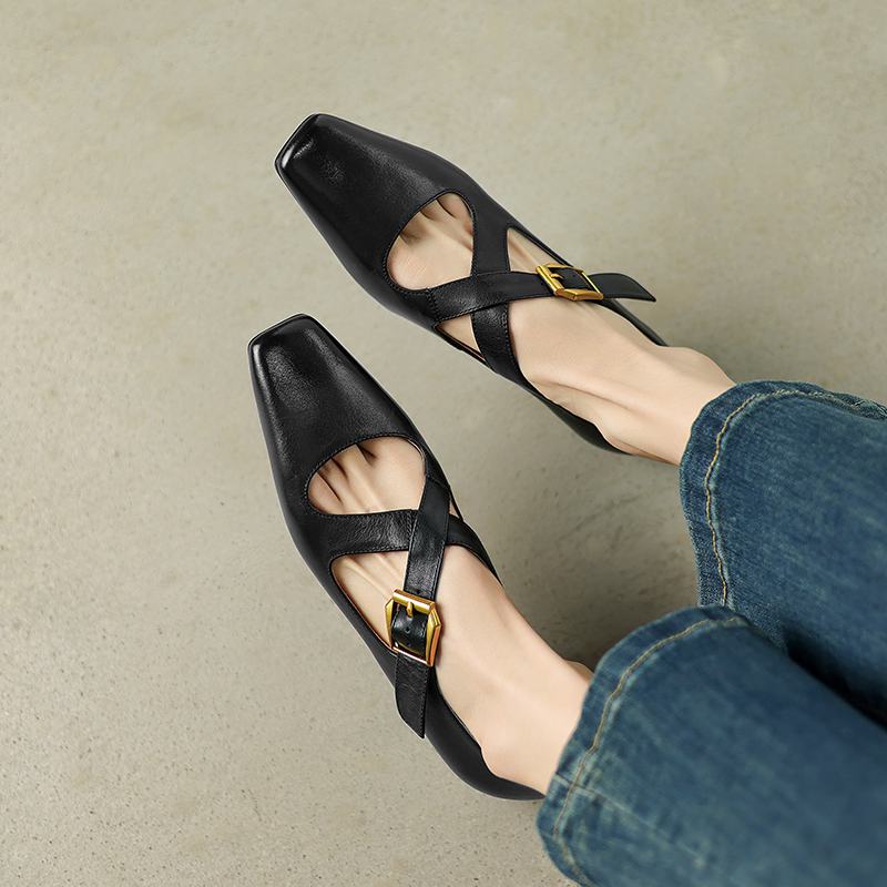 Krazing Pot Cow Skin Spring Summer Size 40 Thick Low Heels Women Square ToeShallow Pumps