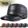 Flat Top Warm Winter Hat for Elderly Men Genuine Leather Dad Cap with Ear Flaps
