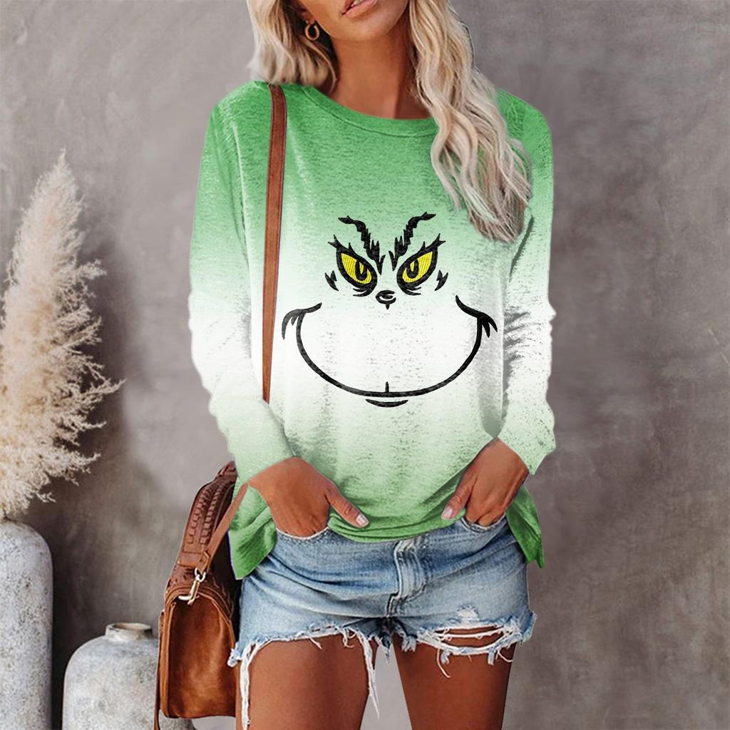 Женская мода, повседневная блузка с длинным рукавом и рождественским принтом, пуловер с круглым вырезом