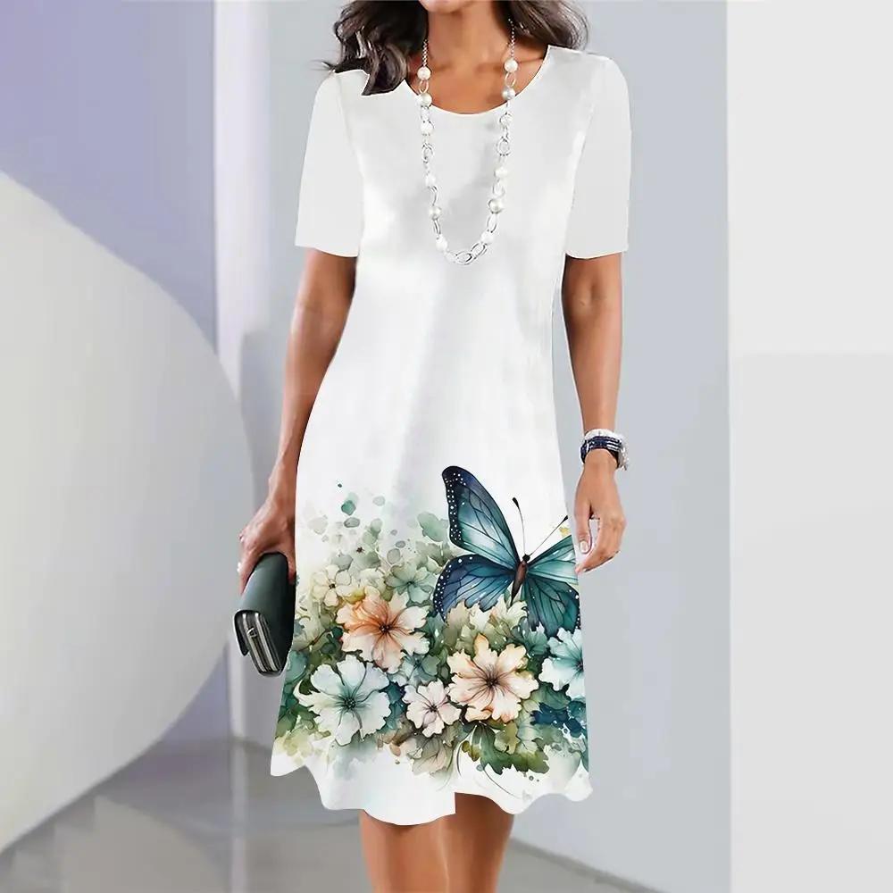Платья для женщин больших размеров с принтом в виде 3D-бабочки и цветов Элегантная одежда с короткими рукавами Платье А-силуэта в стиле ретро Цветная одежда