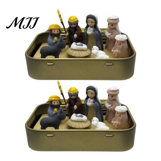 Niche Creative Holiday Present Mini Christmas Nativity Set in A Tin Box, 3D Printed Pocket Size Holy Family Retro Metal Storage Box Figurines,