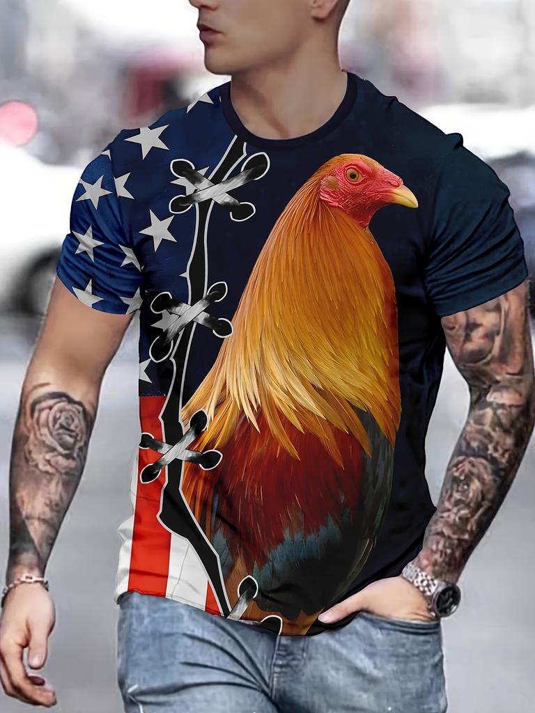 Мужская футболка с 3D-принтом «Петух и звезда» в винтажном стиле — повседневная, с круглым вырезом, короткий рукав, летняя уличная одежда для активного отдыха, полиэстер, можно стирать в стиральной машине