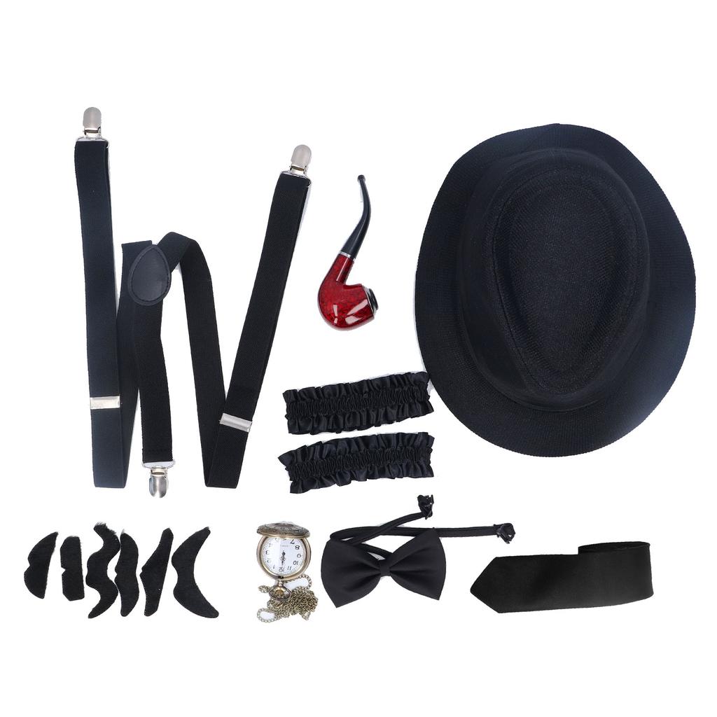8 Pieces 1920s Grandpa Old Man Costumes Set with Suspenders Hat Watch Pipe Bow Tie Glasses Beard Kid