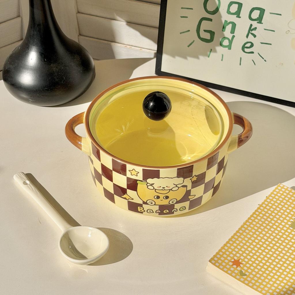 Ins Крем Ветер Банан Щенок Двуручная Миска для Лапши Быстрого Приготовления Студенческое Общежитие Миска для Риса 2025 Новая Миска для Порошка Улитки