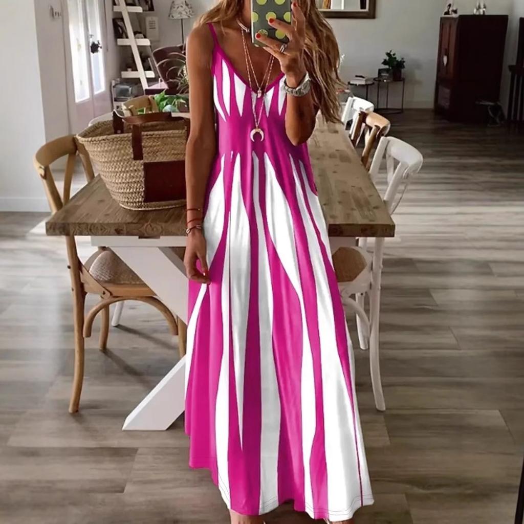 Женское повседневное платье на бретелях с V-образным вырезом, в полоску с принтом, цельное