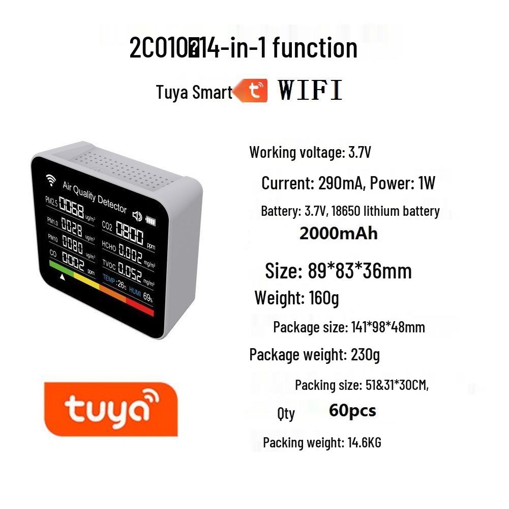 2Co10 14-in-1 Smart Air Detector with App & WiFi - Monitors CO2, CO, PM2.5, Formaldehyde, TVOC