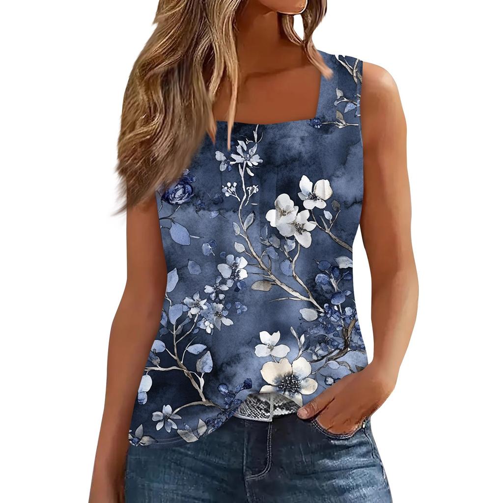 Женская плиссированная футболка без рукавов с квадратным воротником и принтом