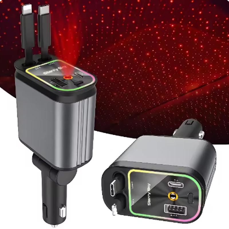 4 в 1 выдвижное автомобильное зарядное устройство с кабелем USB C Lightning Starlight в крыше автомобиля быстрая зарядка для телефонов iPhone и Samsung