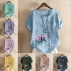 Женская модная футболка с цветочным принтом и круглым вырезом, с коротким рукавом, повседневная хлопково-льняная рубашка с рисунком, свободная летняя блузка для отдыха, топы