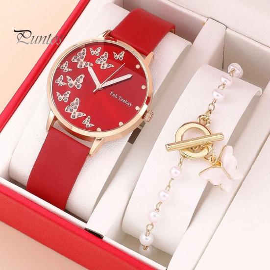 2 шт./компл. женские часы, браслет, набор, кварцевые часы, декор в виде бабочки, горный хрусталь, искусственный жемчуг, изысканный регулируемый ремешок из нержавеющей стали из искусственной кожи, женское запястье