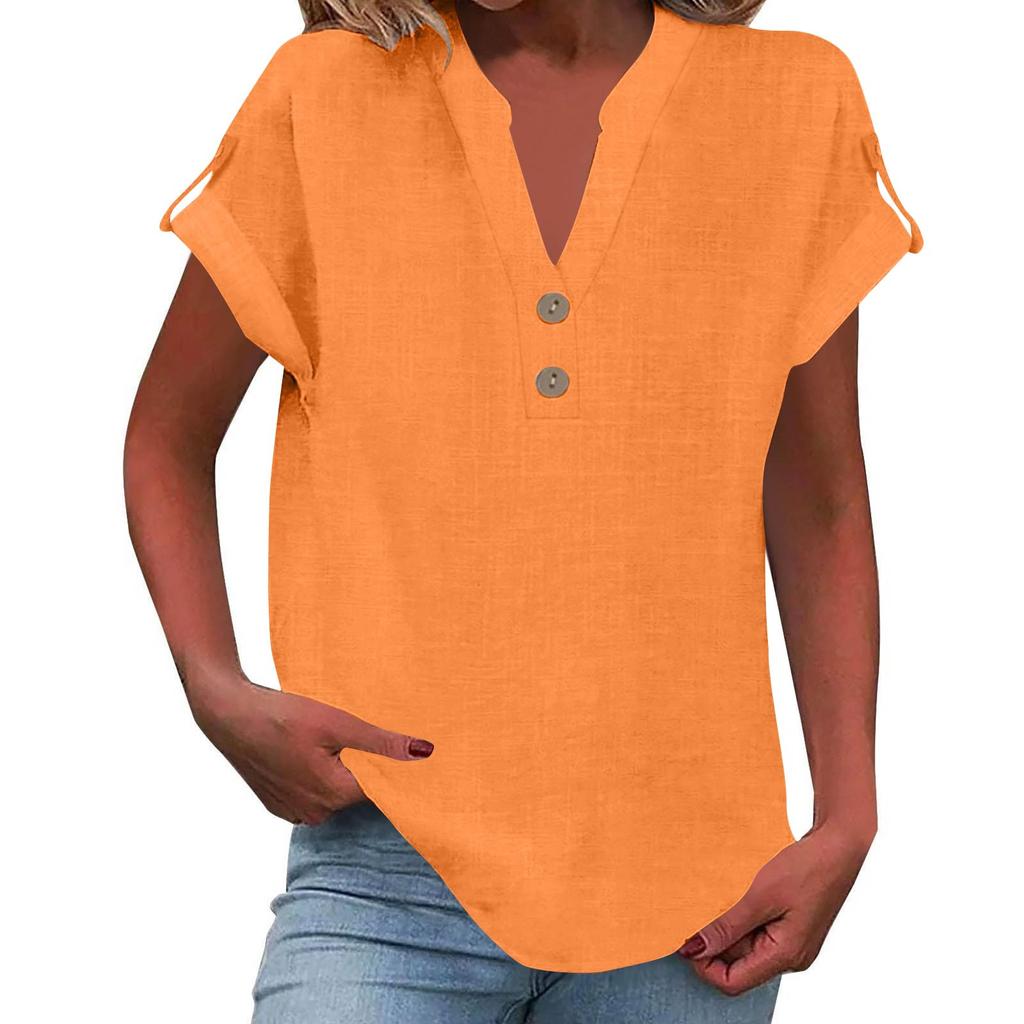 Women's Fashion Casual Solid Colour V-Neck Short Sleeve Button Down Shirt T-Shirt Top