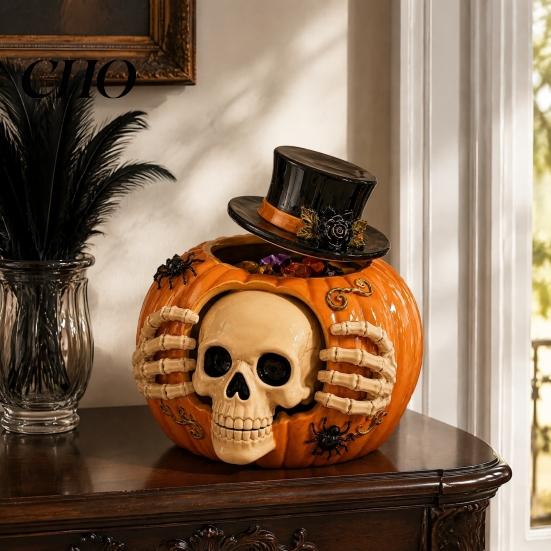Resin Halloween Candy Bowl Skull Pumpkin Jar with Top Hat Lid, Decorative Creative Craft Gifts Storage Container, Desktop Organizer for Home