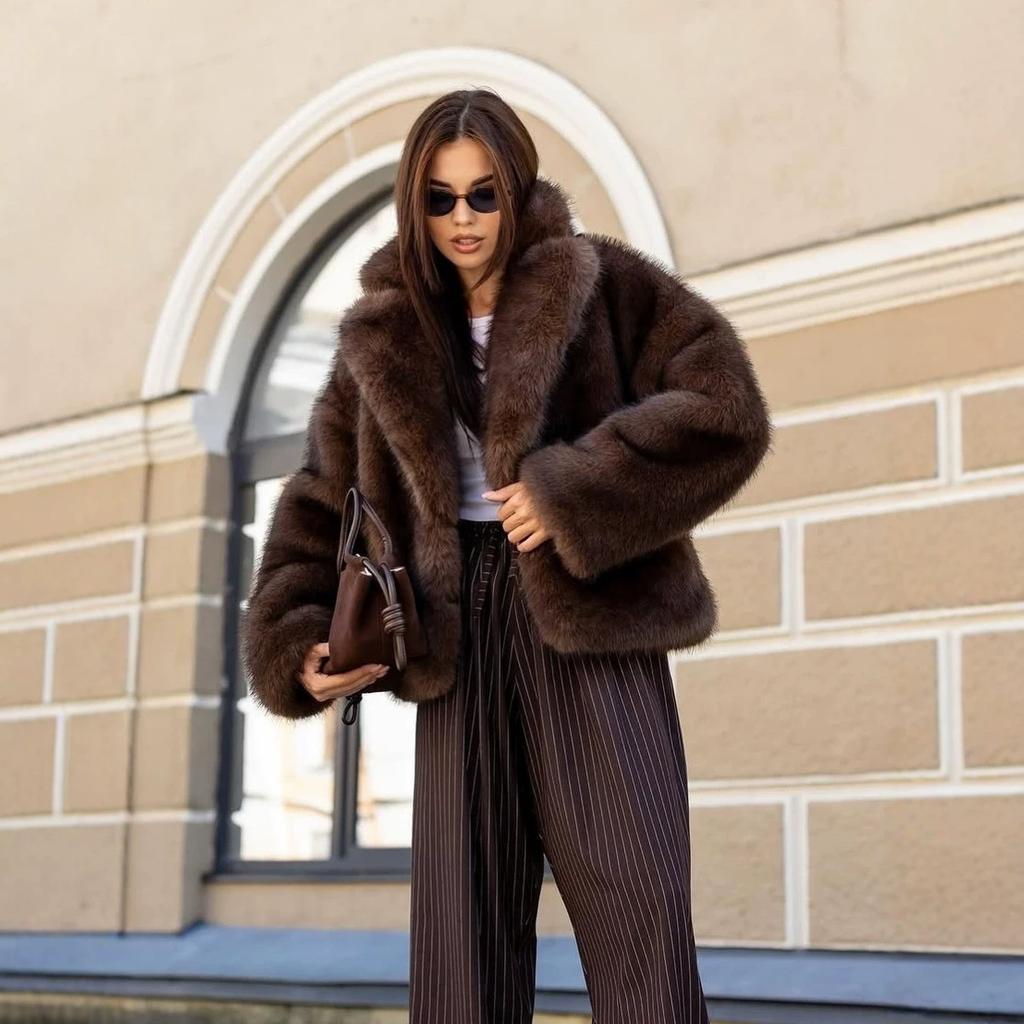 Russian women's brown imitation fox fur coat winter warm fashion artificial fur coat