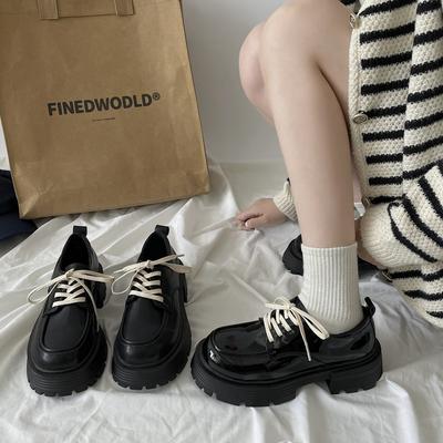 Черные однотонные кожаные женские туфли весна-осень в стиле Новой Англии на платформе, со шнуровкой в корейском стиле, универсальная мода с круглым носком