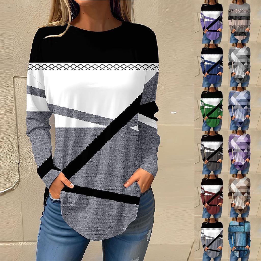 Tee Shirts For Women Fall Casual Long Sleeve Shirts Sweatshirt Geometric Printing Top Pullover