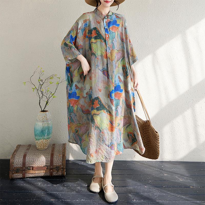 Dimanaf 2025 Summer Women Plus Size Dress Vintage Printing Buttons Casual Loose Long Dress New Oversized