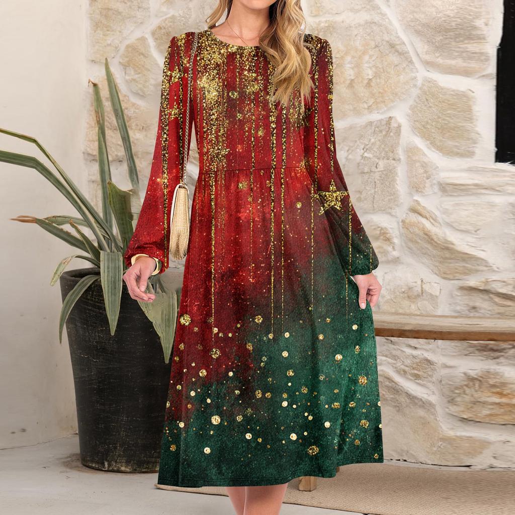 Women's Christmas Printed Fashionable Loose Round-neck Dress